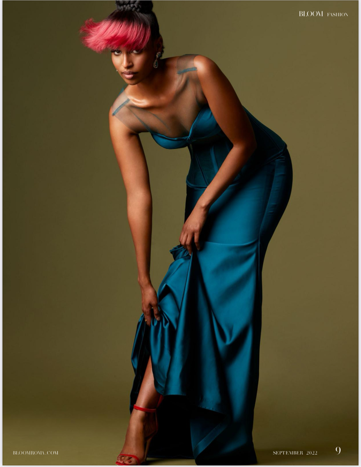 Bloom Fashion editorial photograph with a model in a teal gown