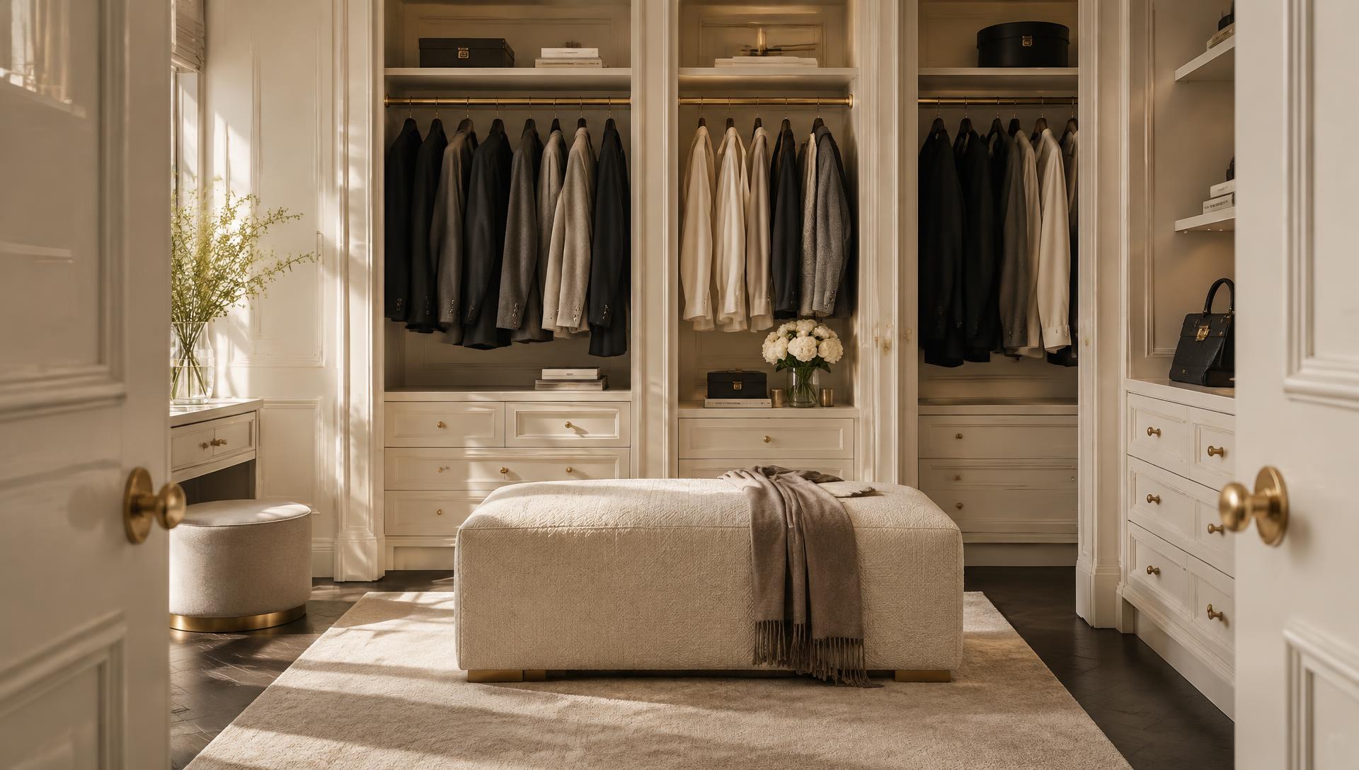 An elegant dressing room with tailored clothing