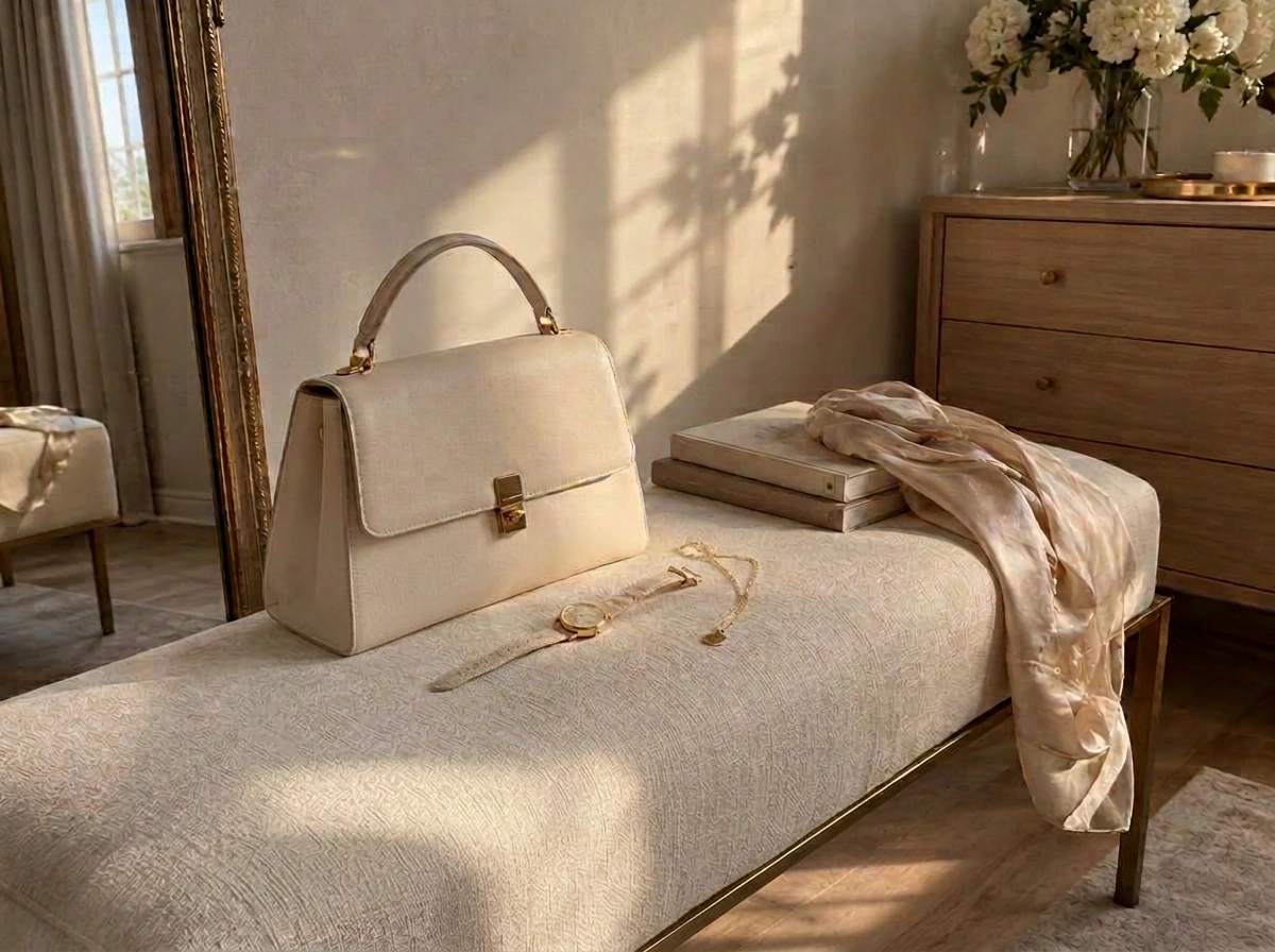 A cream handbag, gold watch and necklace resting on a cream upholstered bench in an ivory dressing room