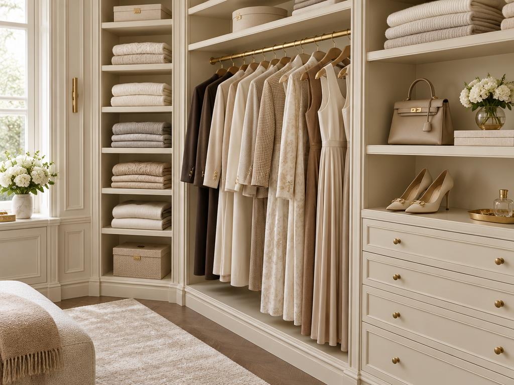 A beautifully organised wardrobe with neatly folded knitwear and tailored pieces